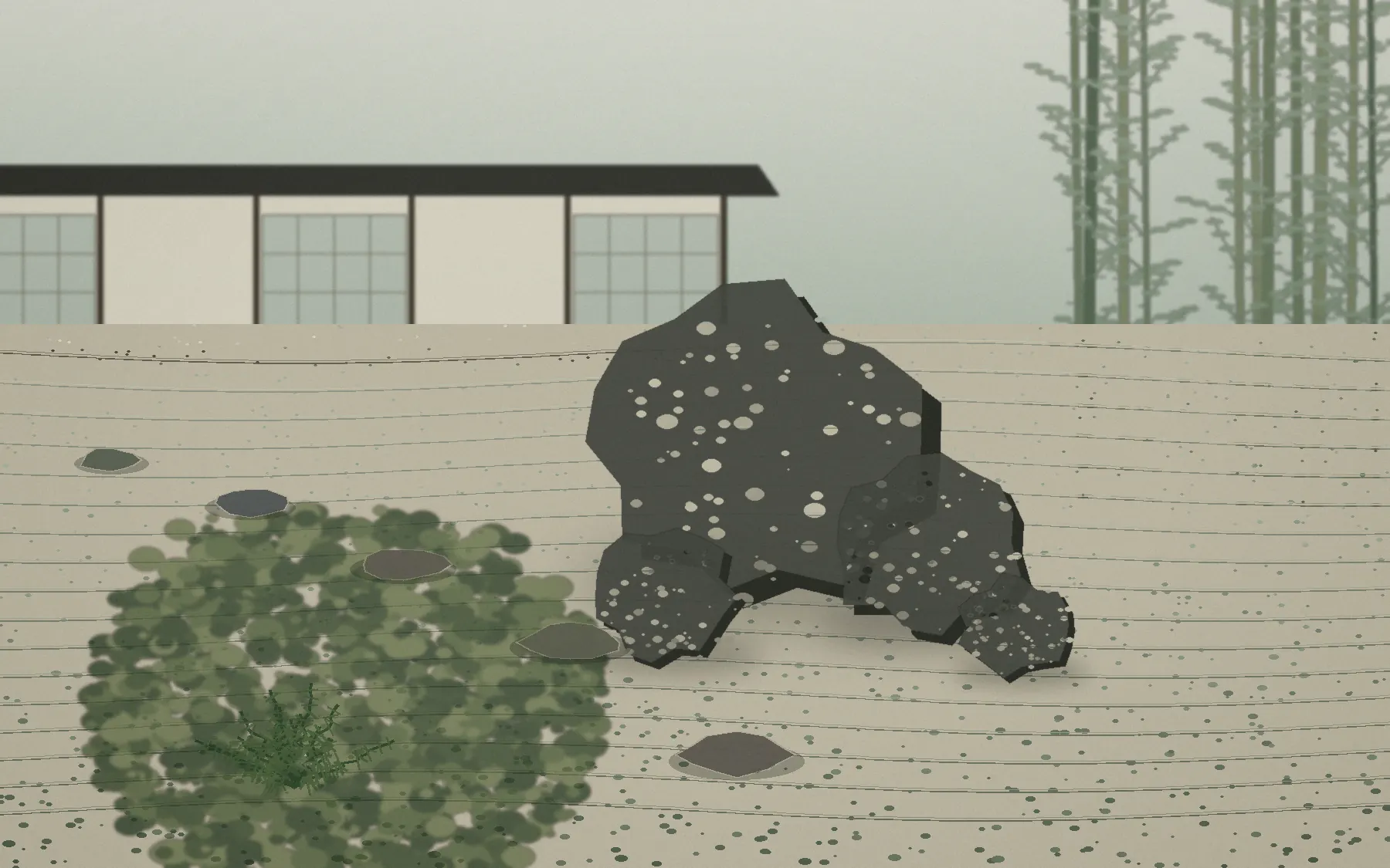 Wide karesansui garden composition